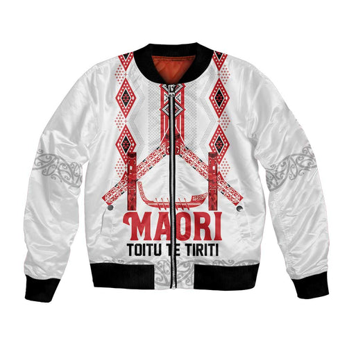 Toitu Te Tiriti Waitangi Bomber Jacket White Wharenui House - Aussie Hoodie
