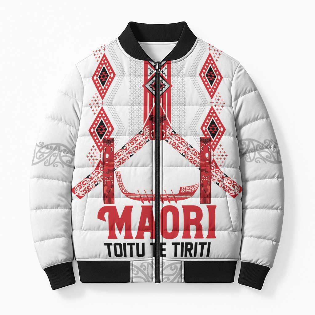 Toitu Te Tiriti Waitangi Bomber Puffer Jacket White Wharenui House - Aussie Hoodie