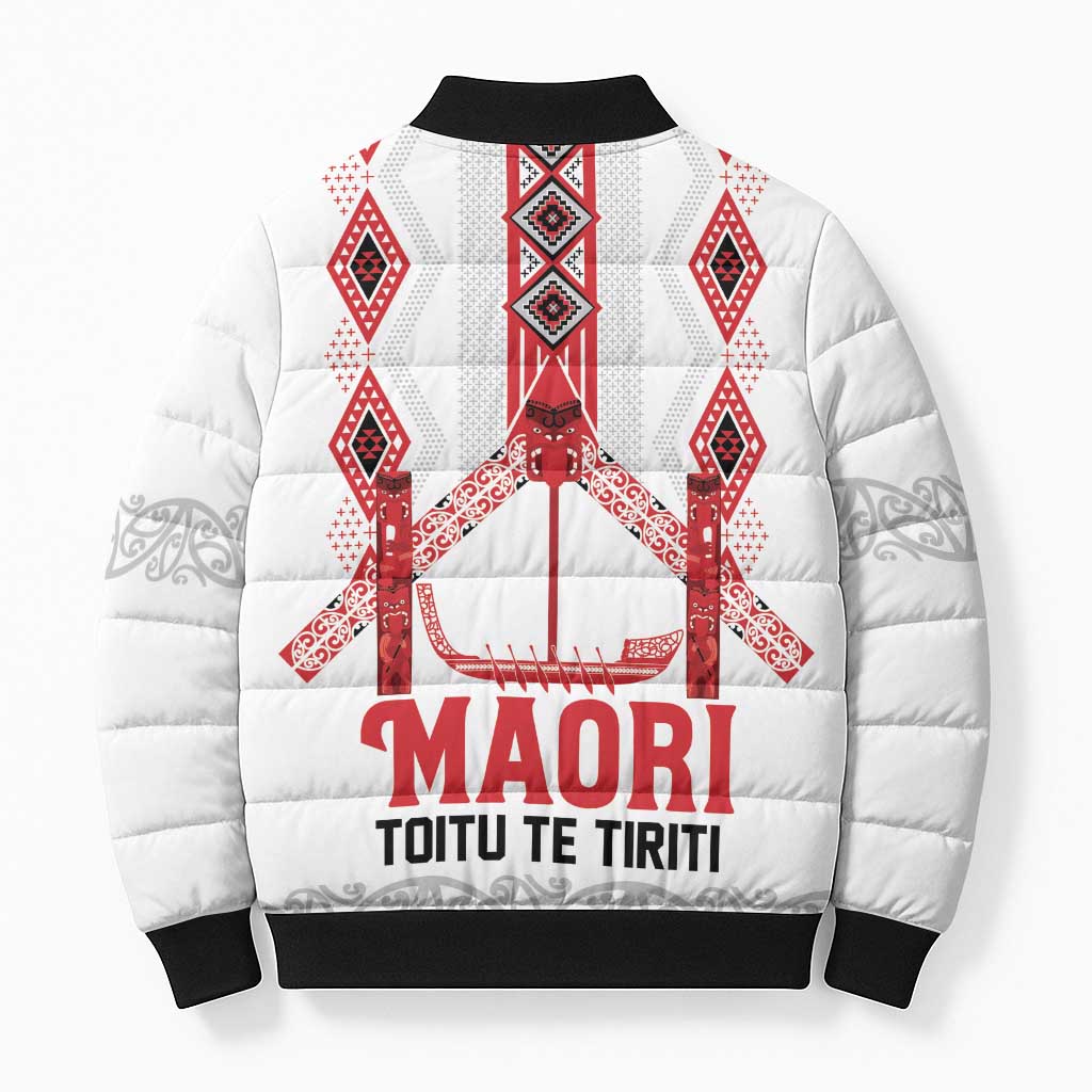 Toitu Te Tiriti Waitangi Bomber Puffer Jacket White Wharenui House - Aussie Hoodie