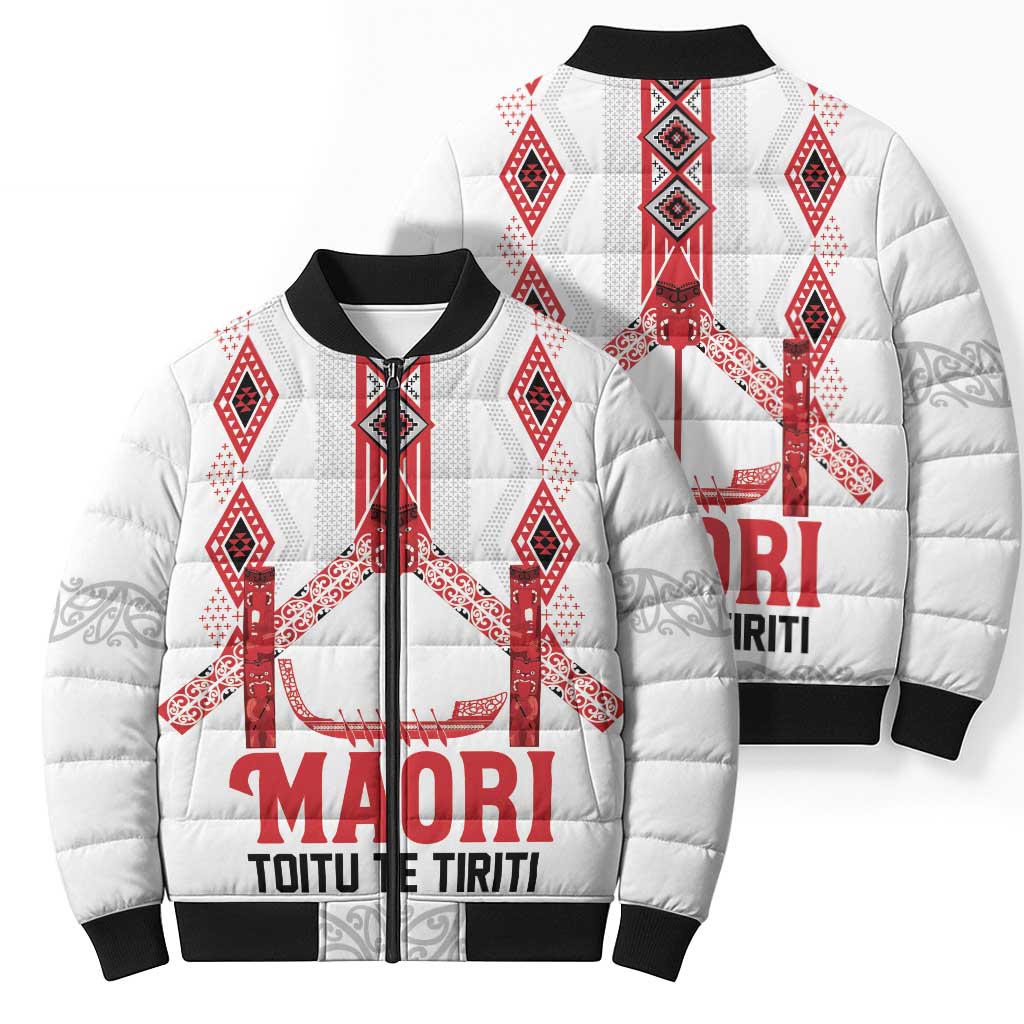 Toitu Te Tiriti Waitangi Bomber Puffer Jacket White Wharenui House - Aussie Hoodie
