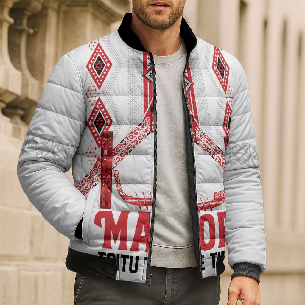 Toitu Te Tiriti Waitangi Bomber Puffer Jacket White Wharenui House - Aussie Hoodie