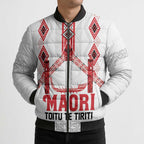 Toitu Te Tiriti Waitangi Bomber Puffer Jacket White Wharenui House - Aussie Hoodie