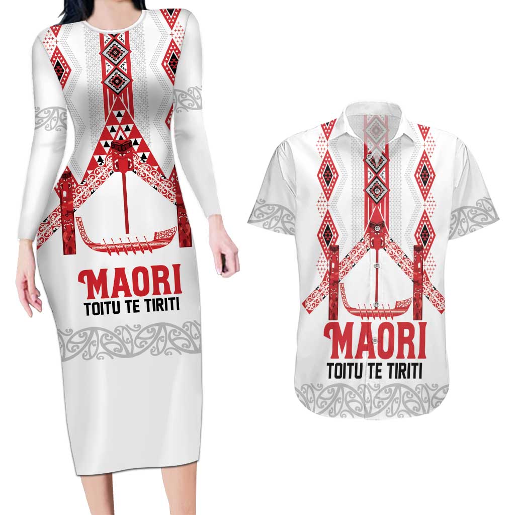 Toitu Te Tiriti Waitangi Couples Matching Long Sleeve Bodycon Dress and Hawaiian Shirt White Wharenui House - Aussie Hoodie