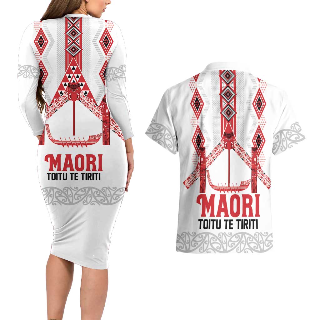 Toitu Te Tiriti Waitangi Couples Matching Long Sleeve Bodycon Dress and Hawaiian Shirt White Wharenui House - Aussie Hoodie