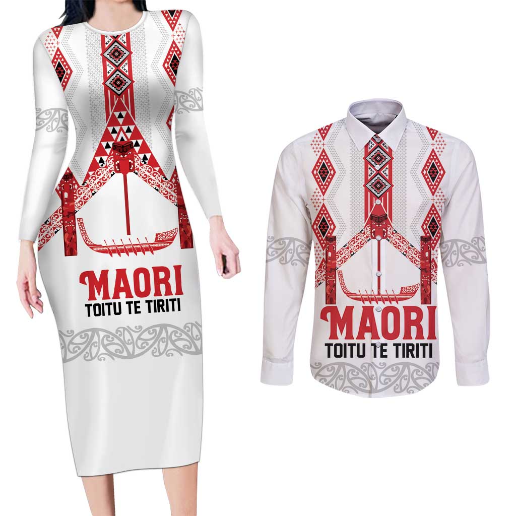 Toitu Te Tiriti Waitangi Couples Matching Long Sleeve Bodycon Dress and Long Sleeve Button Shirt White Wharenui House - Aussie Hoodie