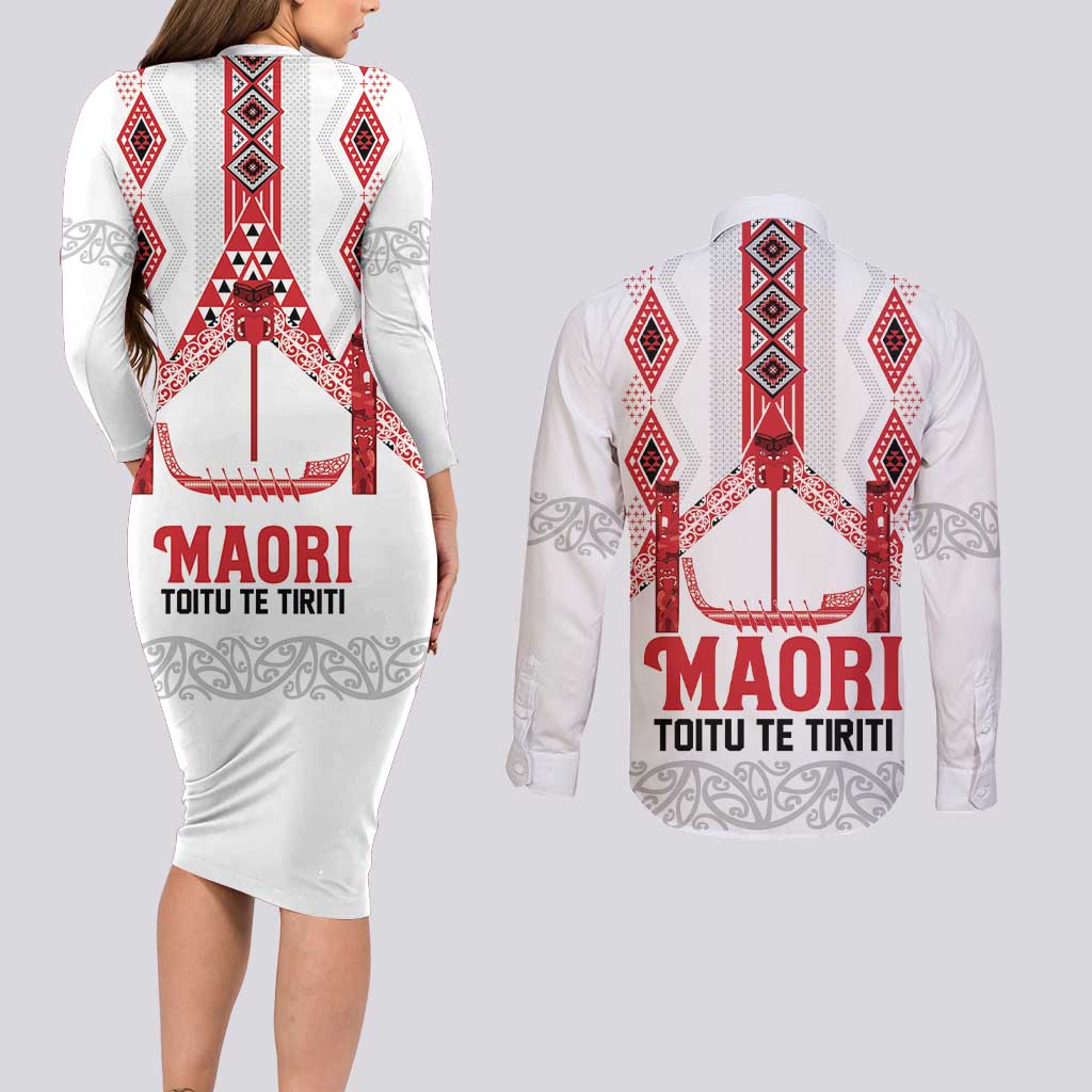 Toitu Te Tiriti Waitangi Couples Matching Long Sleeve Bodycon Dress and Long Sleeve Button Shirt White Wharenui House - Aussie Hoodie