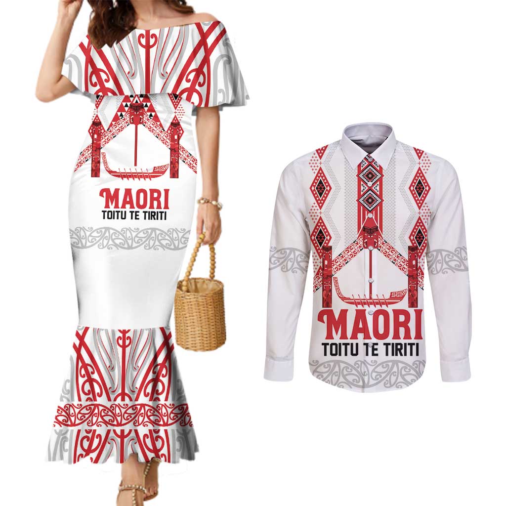 Toitu Te Tiriti Waitangi Couples Matching Mermaid Dress and Long Sleeve Button Shirt White Wharenui House - Aussie Hoodie