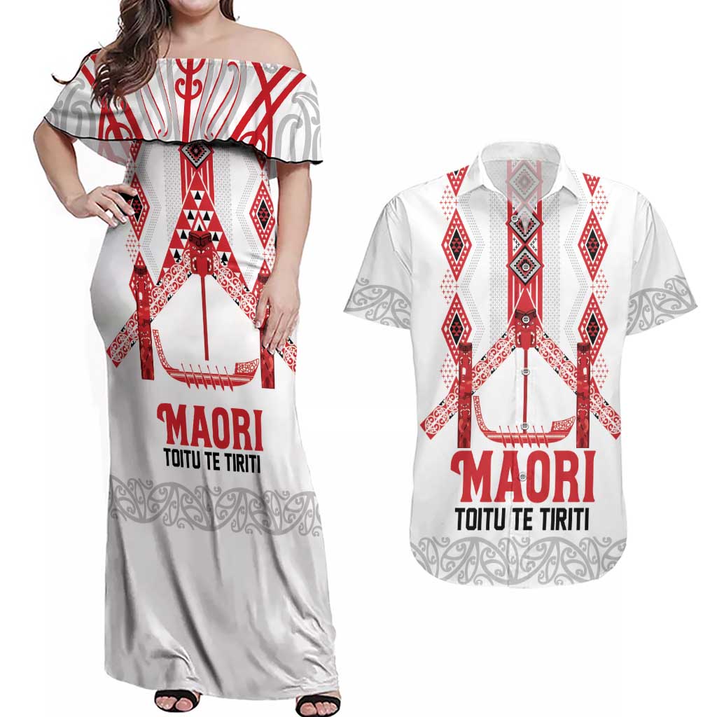 Toitu Te Tiriti Waitangi Couples Matching Off Shoulder Maxi Dress and Hawaiian Shirt White Wharenui House - Aussie Hoodie
