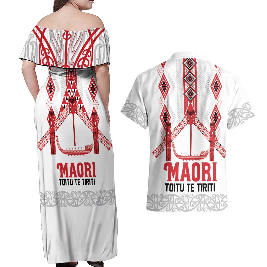 Toitu Te Tiriti Waitangi Couples Matching Off Shoulder Maxi Dress and Hawaiian Shirt White Wharenui House - Aussie Hoodie