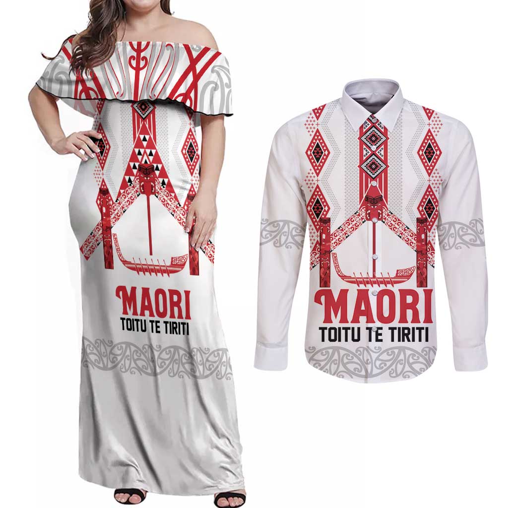 Toitu Te Tiriti Waitangi Couples Matching Off Shoulder Maxi Dress and Long Sleeve Button Shirt White Wharenui House - Aussie Hoodie