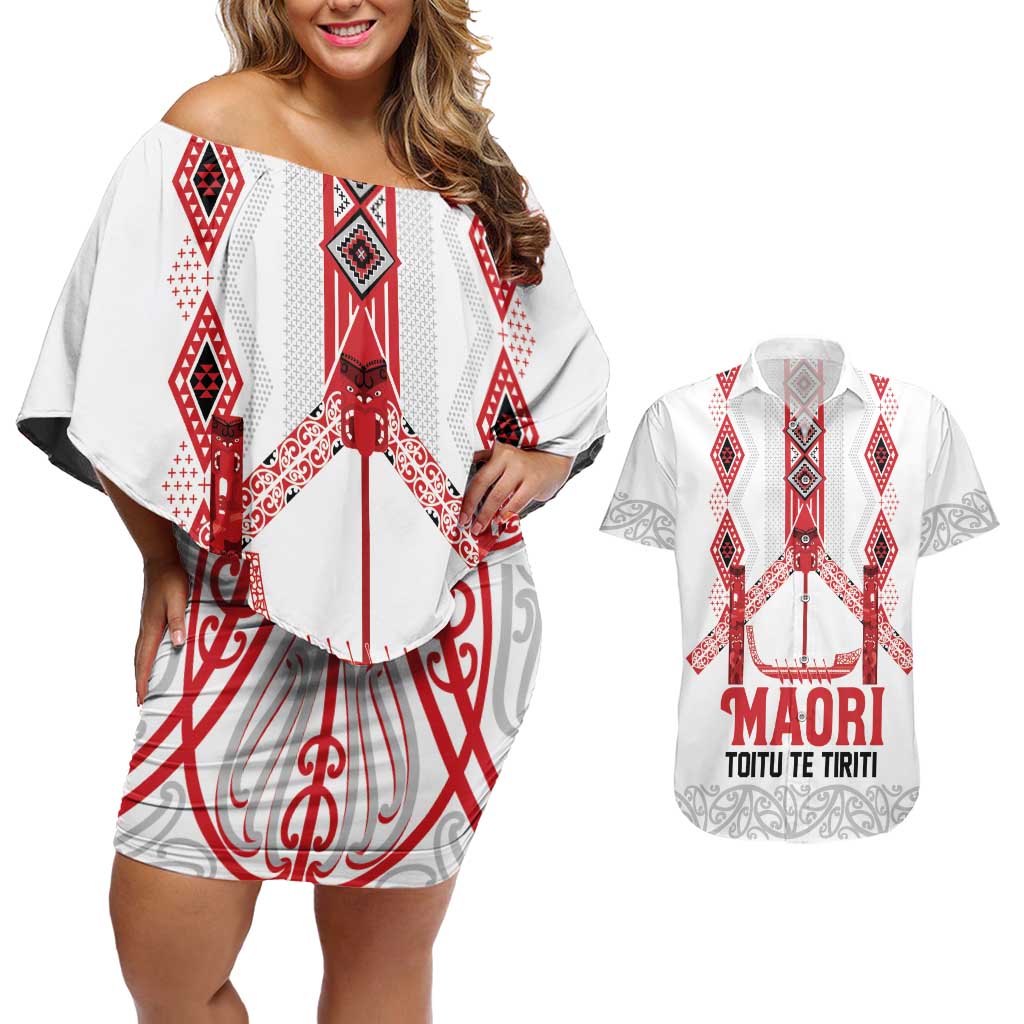 Toitu Te Tiriti Waitangi Couples Matching Off Shoulder Short Dress and Hawaiian Shirt White Wharenui House - Aussie Hoodie