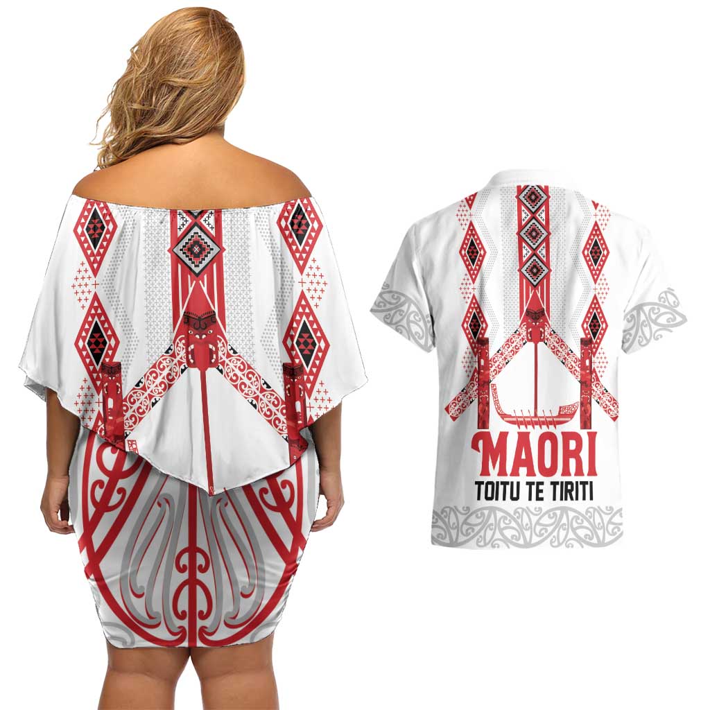 Toitu Te Tiriti Waitangi Couples Matching Off Shoulder Short Dress and Hawaiian Shirt White Wharenui House - Aussie Hoodie