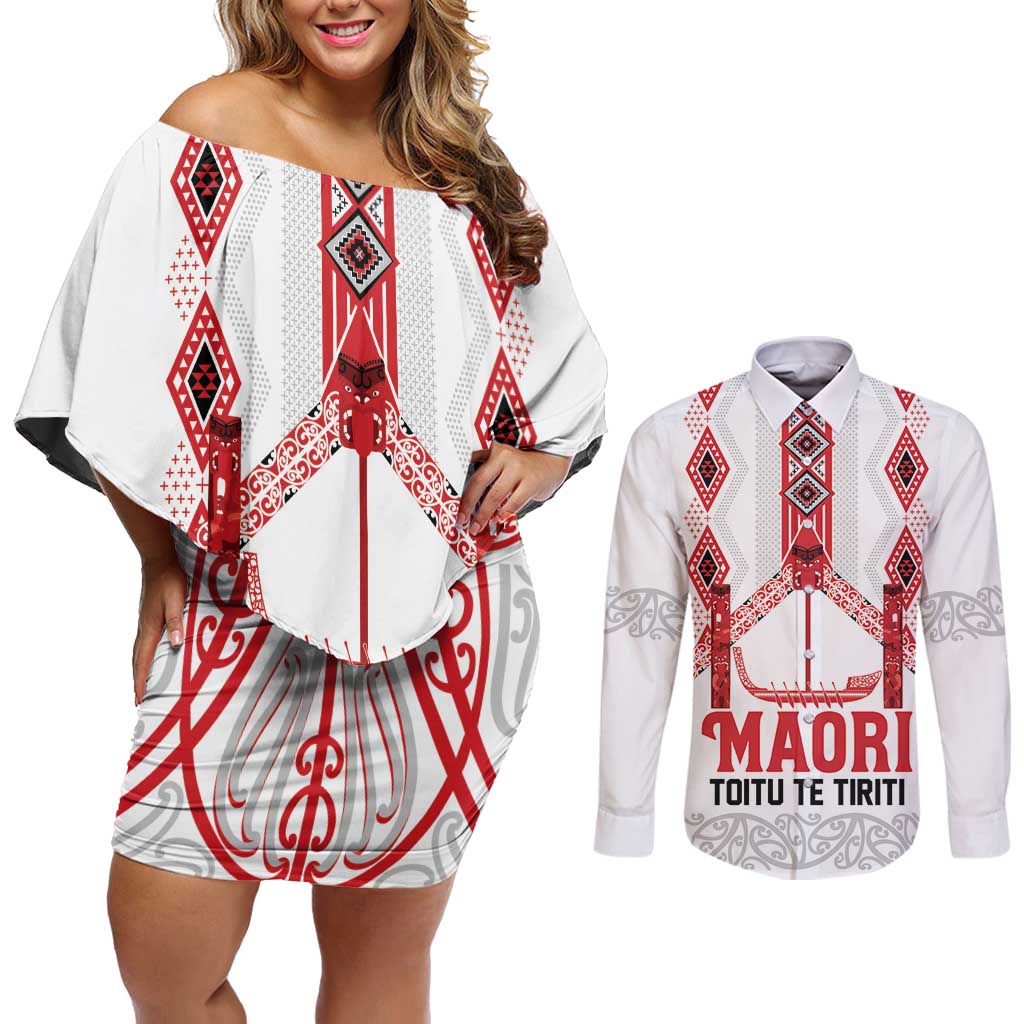 Toitu Te Tiriti Waitangi Couples Matching Off Shoulder Short Dress and Long Sleeve Button Shirt White Wharenui House - Aussie Hoodie