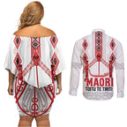 Toitu Te Tiriti Waitangi Couples Matching Off Shoulder Short Dress and Long Sleeve Button Shirt White Wharenui House - Aussie Hoodie