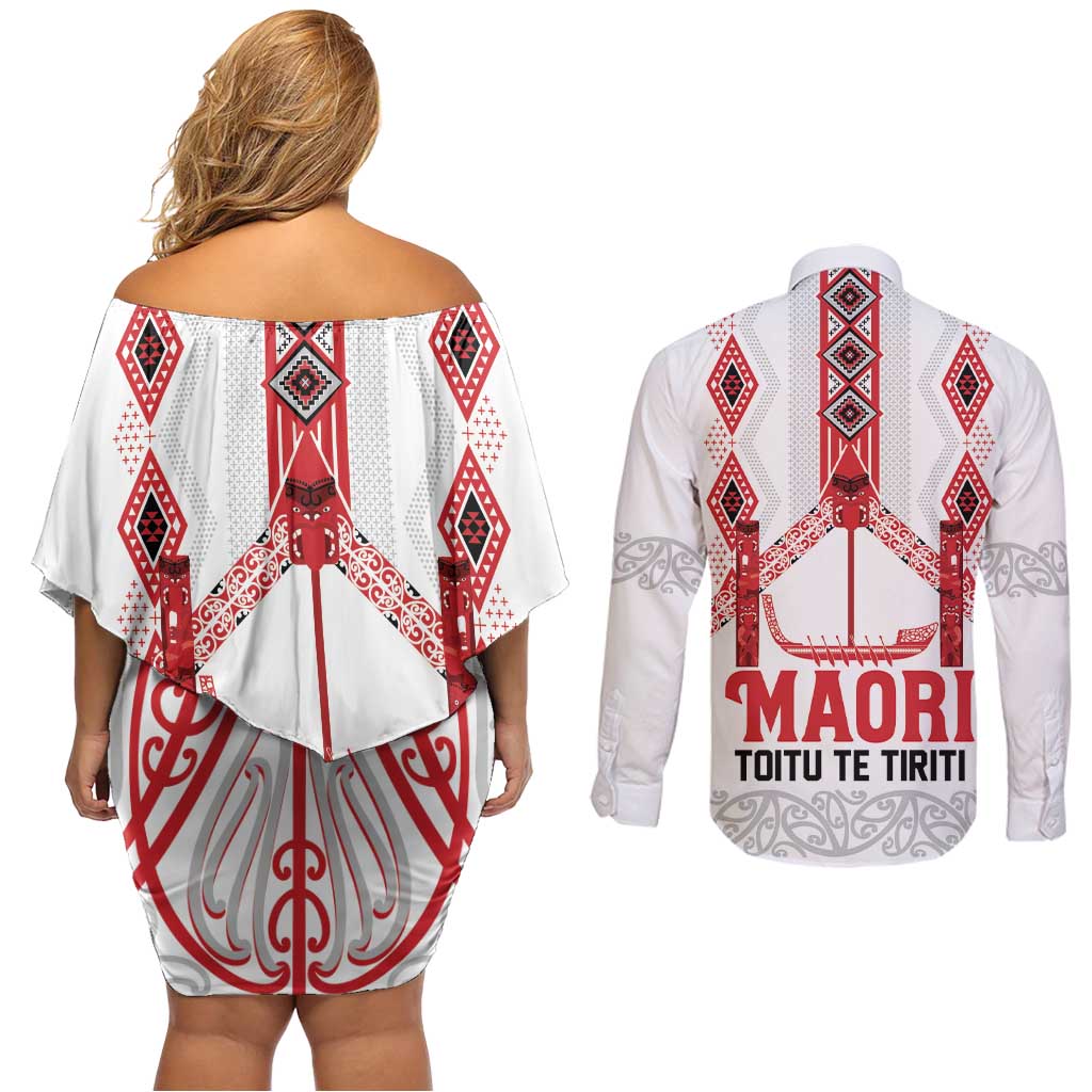 Toitu Te Tiriti Waitangi Couples Matching Off Shoulder Short Dress and Long Sleeve Button Shirt White Wharenui House - Aussie Hoodie