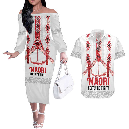 Toitu Te Tiriti Waitangi Couples Matching Off The Shoulder Long Sleeve Dress and Hawaiian Shirt White Wharenui House - Aussie Hoodie