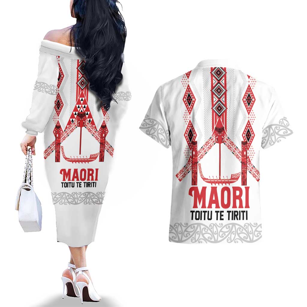 Toitu Te Tiriti Waitangi Couples Matching Off The Shoulder Long Sleeve Dress and Hawaiian Shirt White Wharenui House - Aussie Hoodie