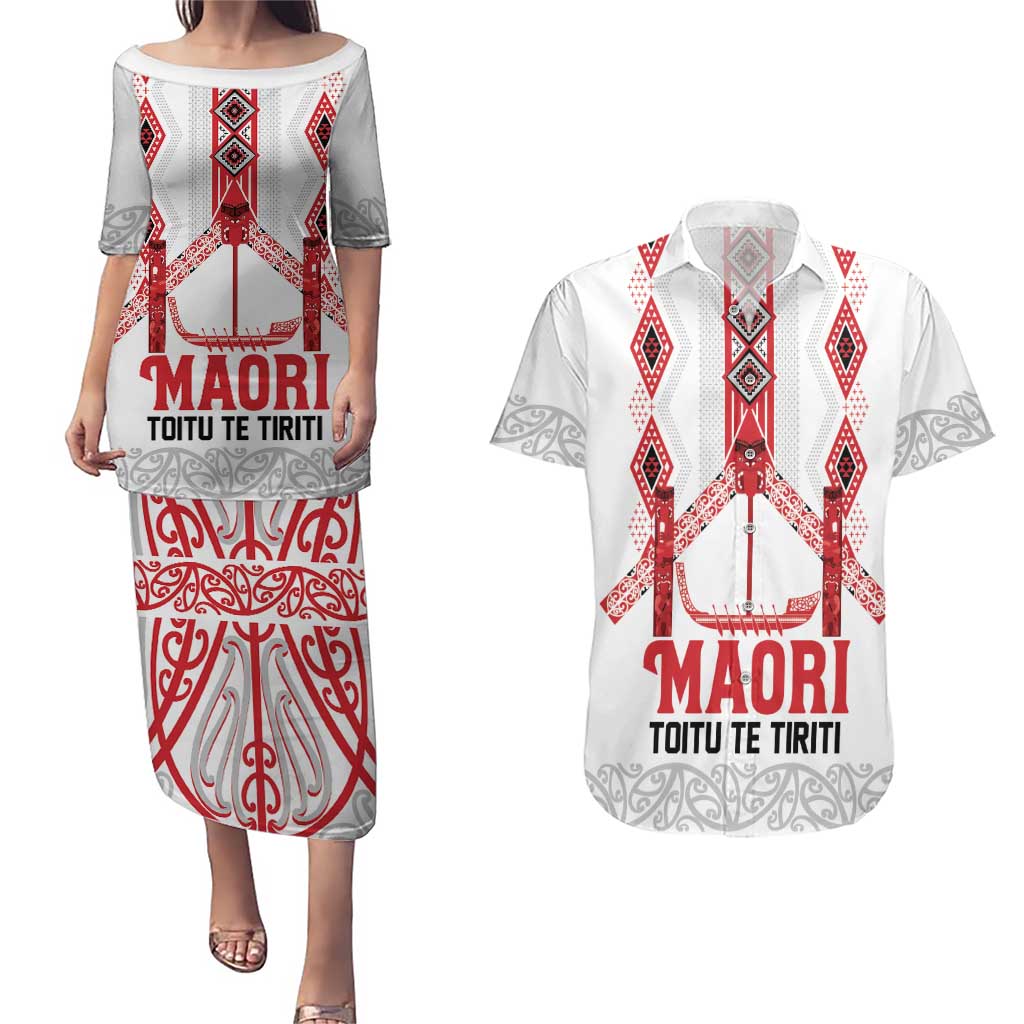 Toitu Te Tiriti Waitangi Couples Matching Puletasi and Hawaiian Shirt White Wharenui House - Aussie Hoodie