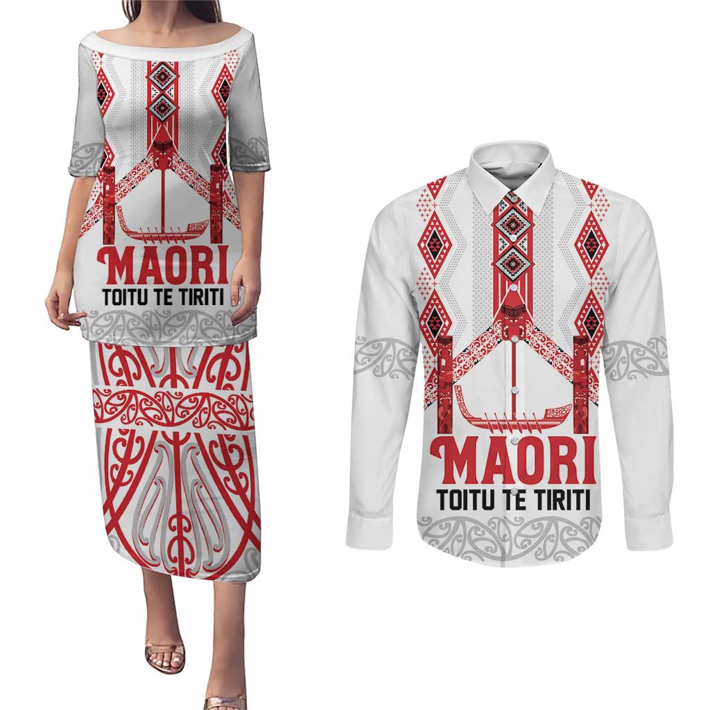 Toitu Te Tiriti Waitangi Couples Matching Puletasi and Long Sleeve Button Shirt White Wharenui House - Aussie Hoodie