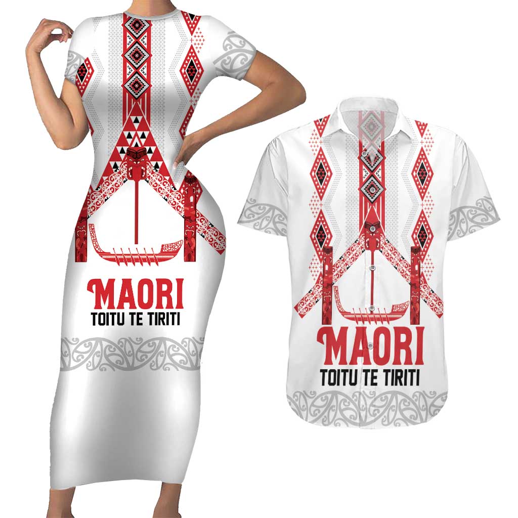 Toitu Te Tiriti Waitangi Couples Matching Short Sleeve Bodycon Dress and Hawaiian Shirt White Wharenui House - Aussie Hoodie