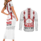 Toitu Te Tiriti Waitangi Couples Matching Short Sleeve Bodycon Dress and Long Sleeve Button Shirt White Wharenui House - Aussie Hoodie