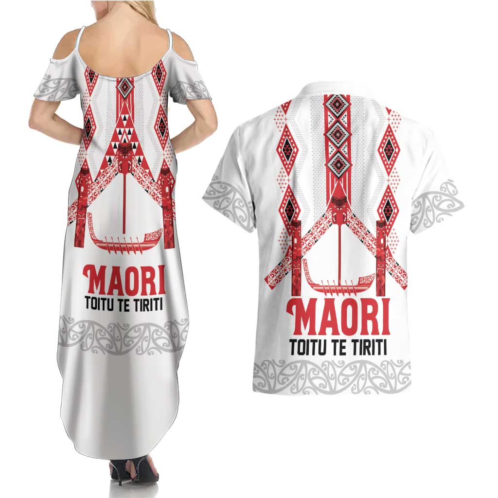 Toitu Te Tiriti Waitangi Couples Matching Summer Maxi Dress and Hawaiian Shirt White Wharenui House - Aussie Hoodie