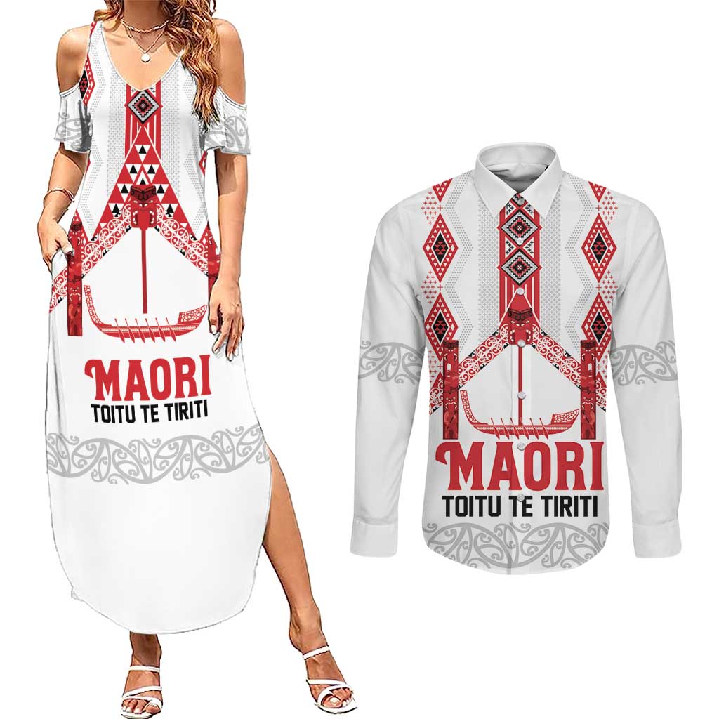 Toitu Te Tiriti Waitangi Couples Matching Summer Maxi Dress and Long Sleeve Button Shirt White Wharenui House - Aussie Hoodie