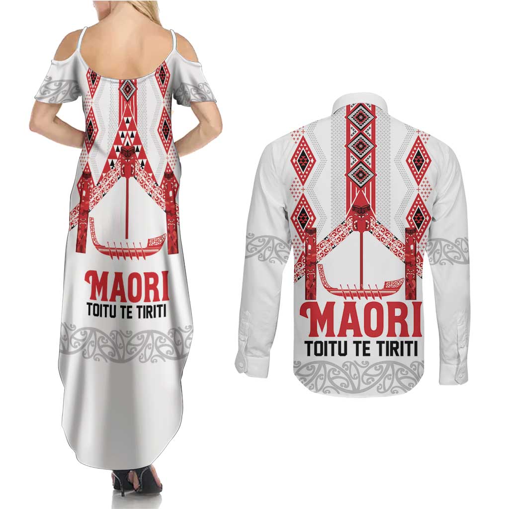 Toitu Te Tiriti Waitangi Couples Matching Summer Maxi Dress and Long Sleeve Button Shirt White Wharenui House - Aussie Hoodie