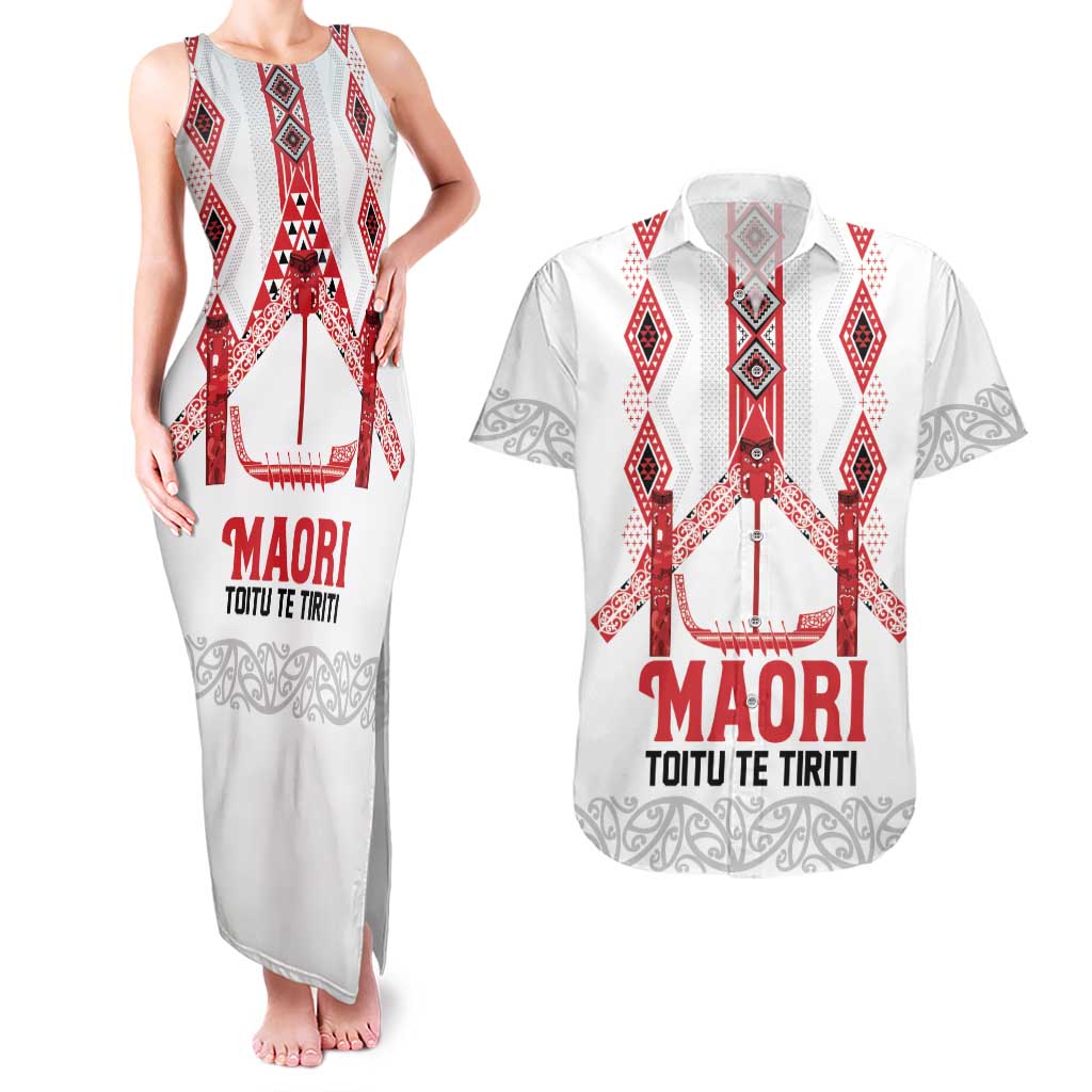Toitu Te Tiriti Waitangi Couples Matching Tank Maxi Dress and Hawaiian Shirt White Wharenui House - Aussie Hoodie