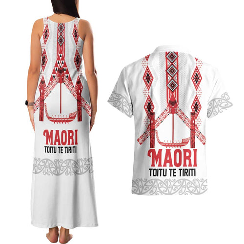 Toitu Te Tiriti Waitangi Couples Matching Tank Maxi Dress and Hawaiian Shirt White Wharenui House - Aussie Hoodie