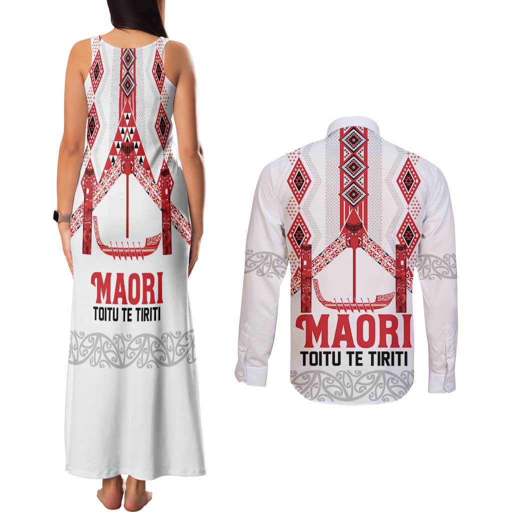 Toitu Te Tiriti Waitangi Couples Matching Tank Maxi Dress and Long Sleeve Button Shirt White Wharenui House - Aussie Hoodie