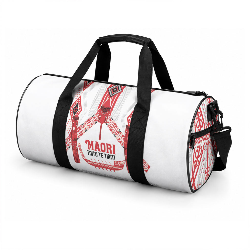 Toitu Te Tiriti Waitangi Duffle Bag White Wharenui House