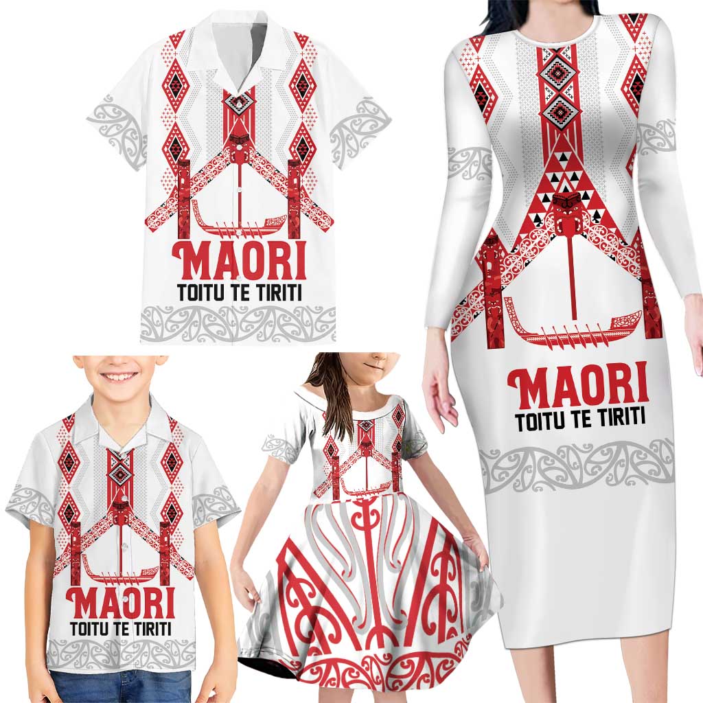 Toitu Te Tiriti Waitangi Family Matching Long Sleeve Bodycon Dress and Hawaiian Shirt White Wharenui House - Aussie Hoodie