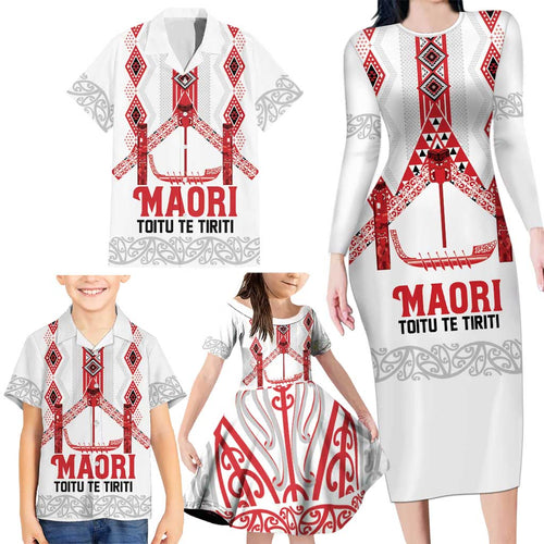 Toitu Te Tiriti Waitangi Family Matching Long Sleeve Bodycon Dress and Hawaiian Shirt White Wharenui House - Aussie Hoodie