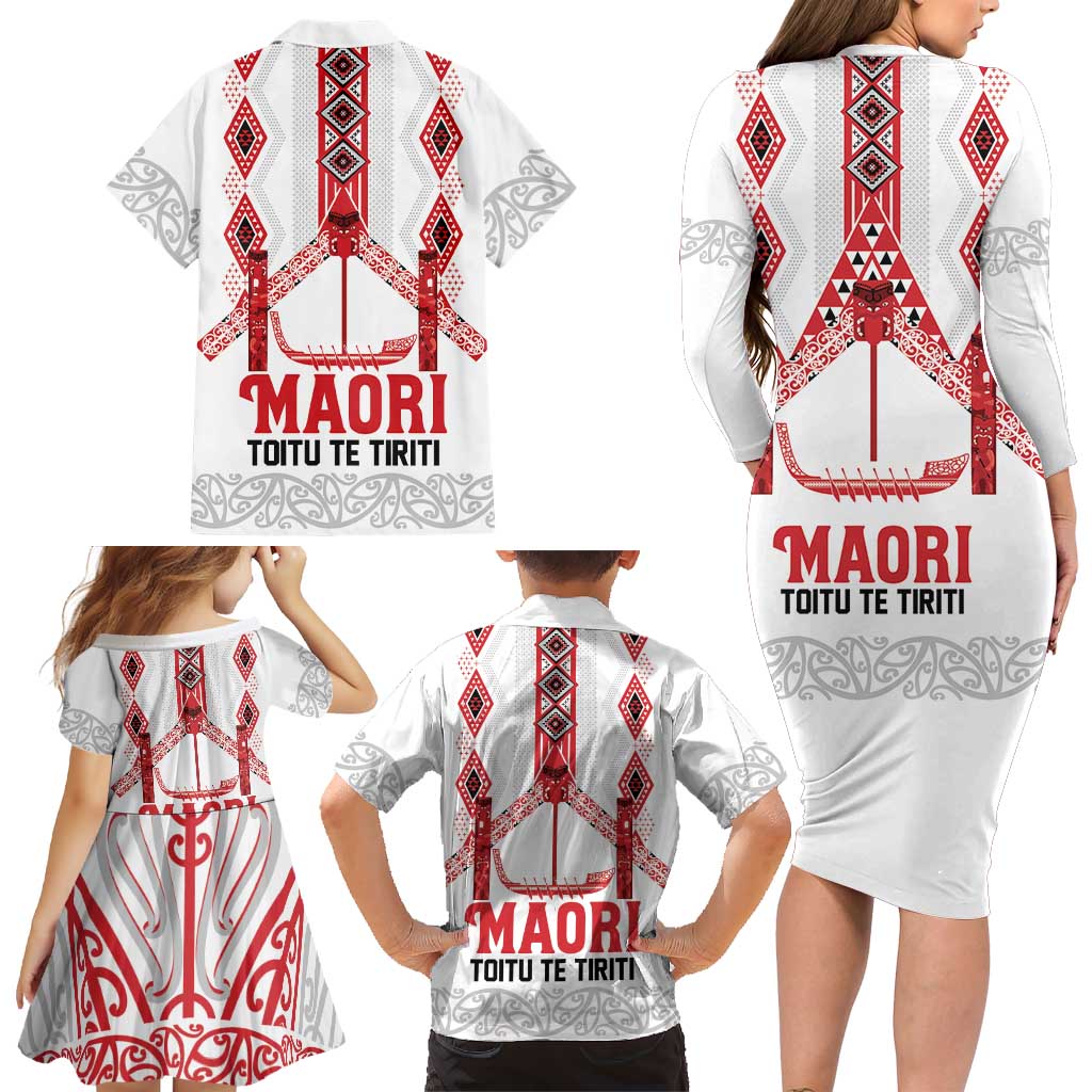 Toitu Te Tiriti Waitangi Family Matching Long Sleeve Bodycon Dress and Hawaiian Shirt White Wharenui House - Aussie Hoodie