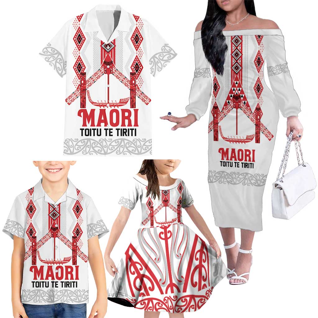Toitu Te Tiriti Waitangi Family Matching Off The Shoulder Long Sleeve Dress and Hawaiian Shirt White Wharenui House - Aussie Hoodie