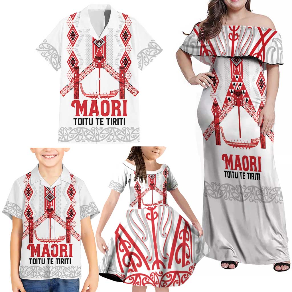 Toitu Te Tiriti Waitangi Family Matching Off Shoulder Maxi Dress and Hawaiian Shirt White Wharenui House - Aussie Hoodie