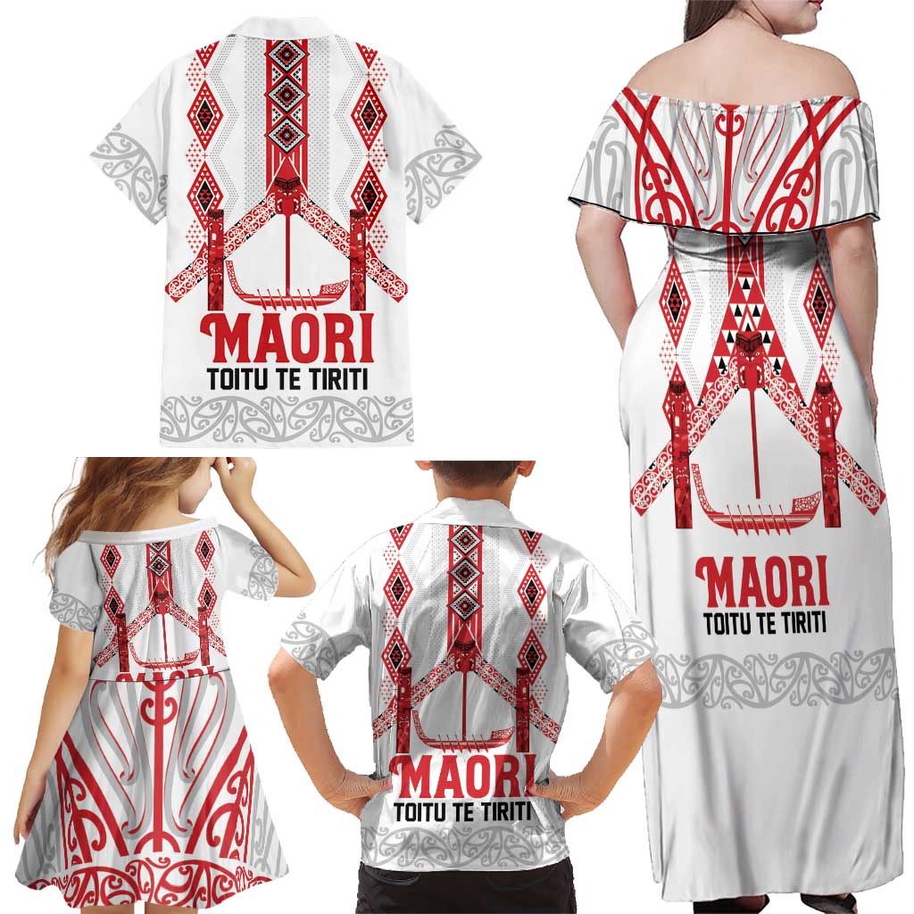 Toitu Te Tiriti Waitangi Family Matching Off Shoulder Maxi Dress and Hawaiian Shirt White Wharenui House - Aussie Hoodie