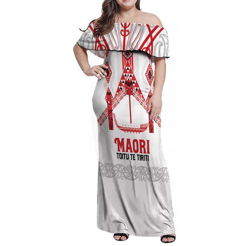 Toitu Te Tiriti Waitangi Family Matching Off Shoulder Maxi Dress and Hawaiian Shirt White Wharenui House - Aussie Hoodie