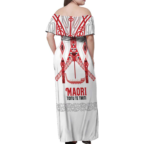 Toitu Te Tiriti Waitangi Family Matching Off Shoulder Maxi Dress and Hawaiian Shirt White Wharenui House - Aussie Hoodie
