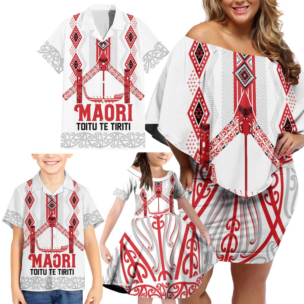 Toitu Te Tiriti Waitangi Family Matching Off Shoulder Short Dress and Hawaiian Shirt White Wharenui House - Aussie Hoodie