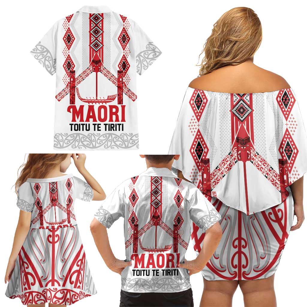 Toitu Te Tiriti Waitangi Family Matching Off Shoulder Short Dress and Hawaiian Shirt White Wharenui House - Aussie Hoodie