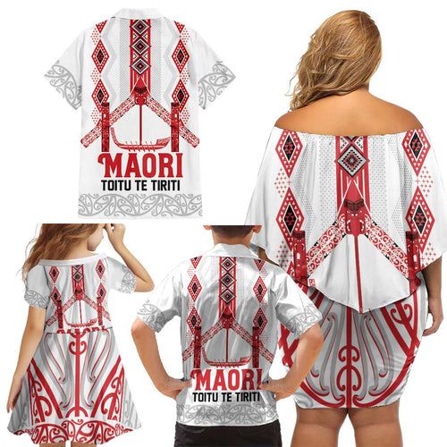 Toitu Te Tiriti Waitangi Family Matching Off Shoulder Short Dress and Hawaiian Shirt White Wharenui House - Aussie Hoodie