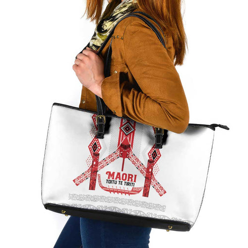 Toitu Te Tiriti Waitangi Leather Tote Bag White Wharenui House - Aussie Hoodie
