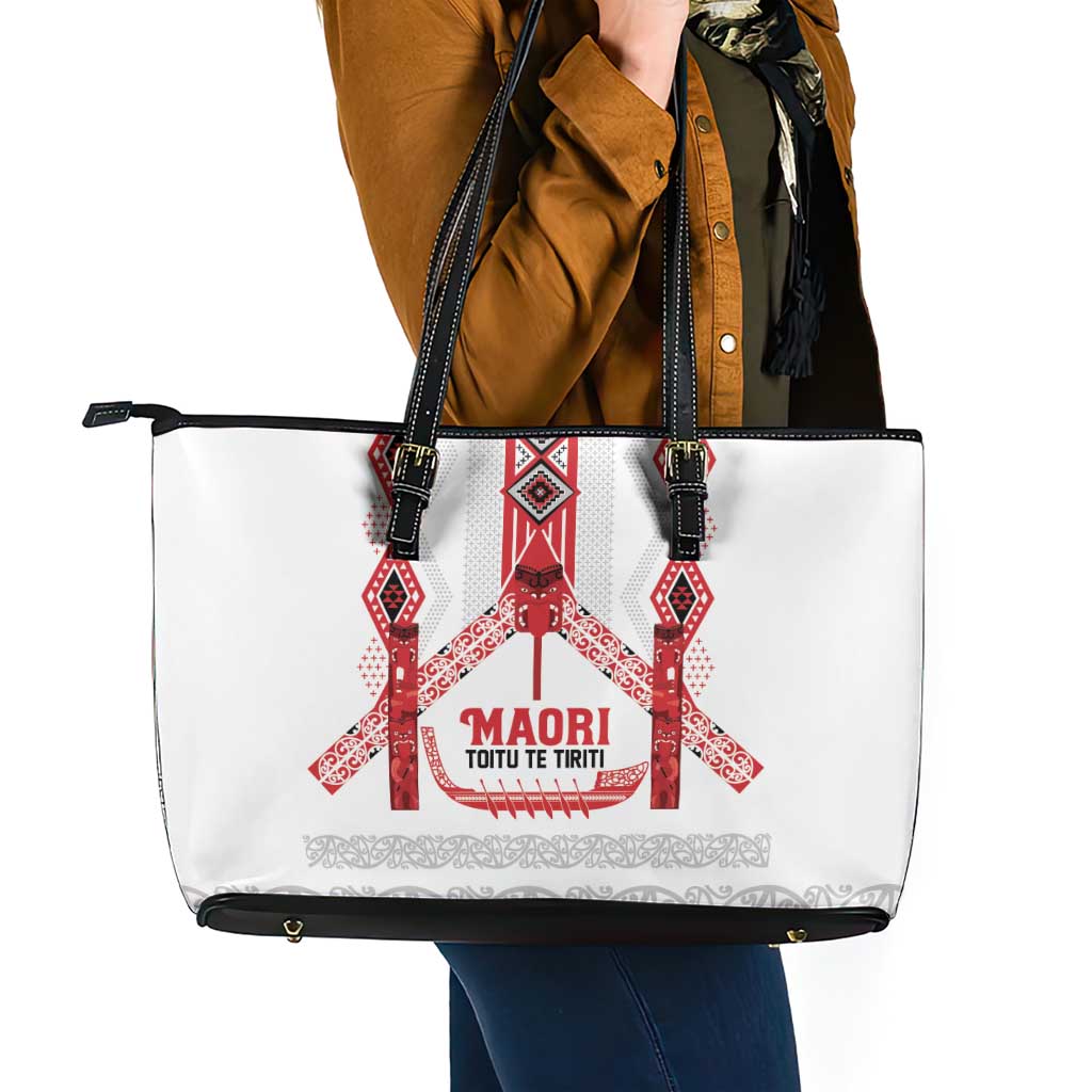 Toitu Te Tiriti Waitangi Leather Tote Bag White Wharenui House - Aussie Hoodie