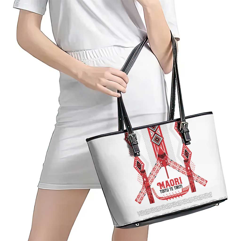 Toitu Te Tiriti Waitangi Leather Tote Bag White Wharenui House - Aussie Hoodie