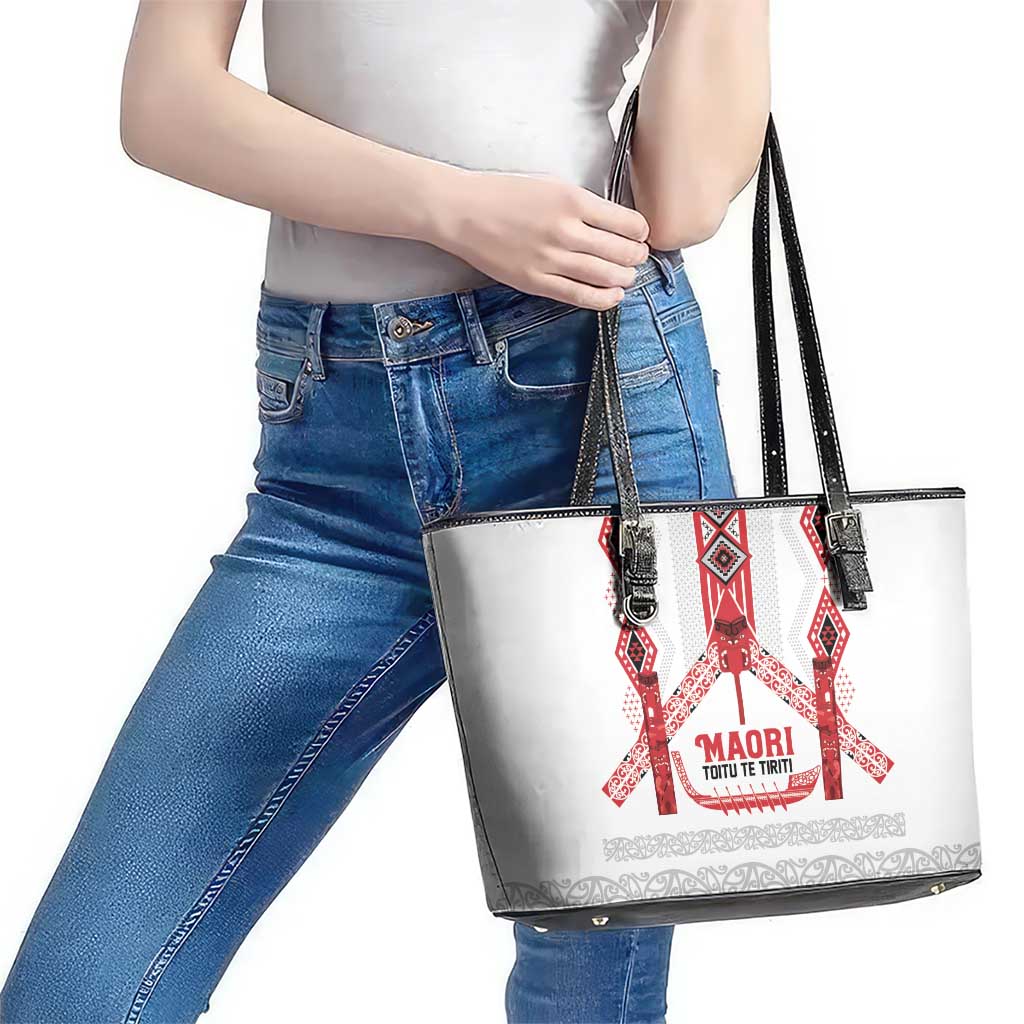 Toitu Te Tiriti Waitangi Leather Tote Bag White Wharenui House - Aussie Hoodie