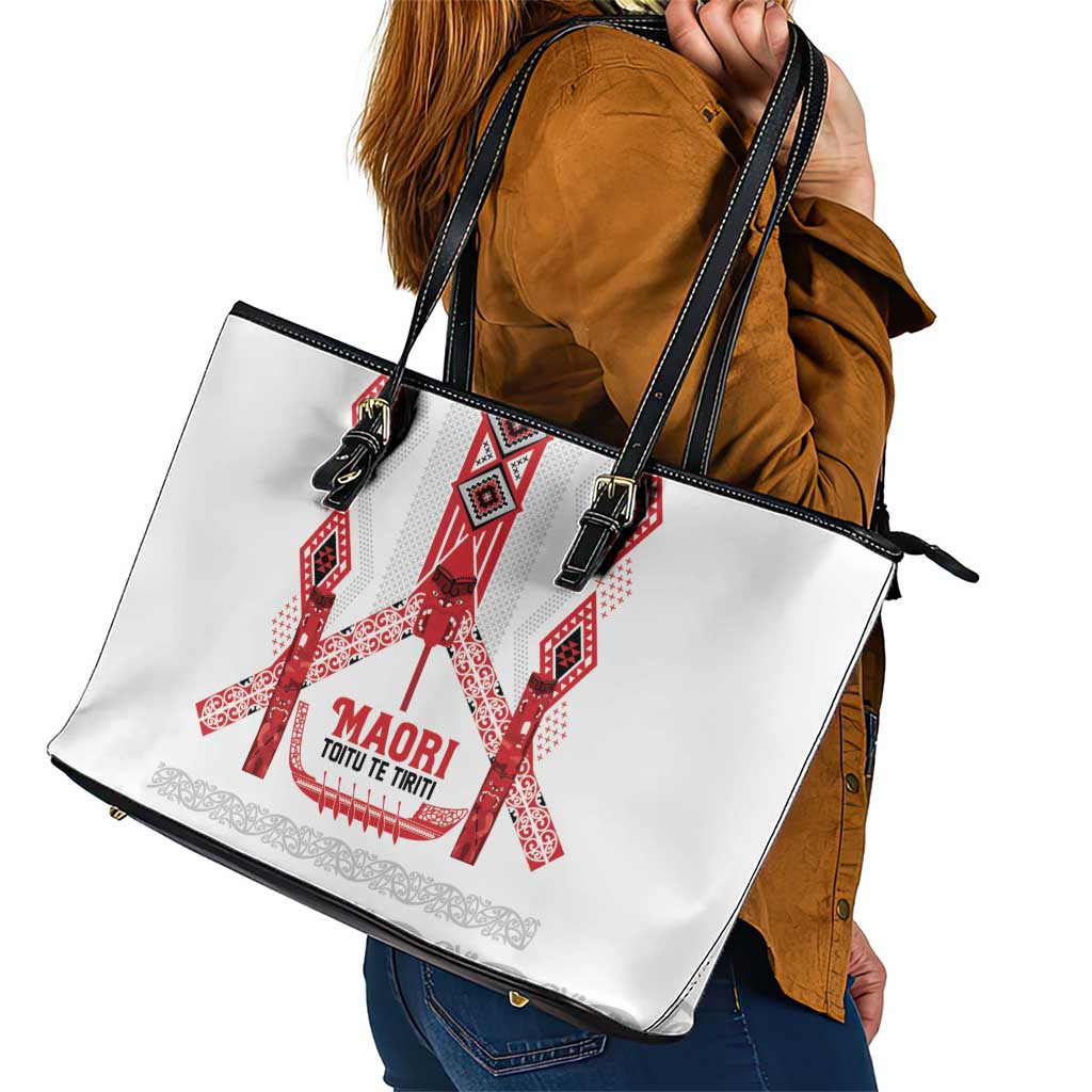 Toitu Te Tiriti Waitangi Leather Tote Bag White Wharenui House - Aussie Hoodie