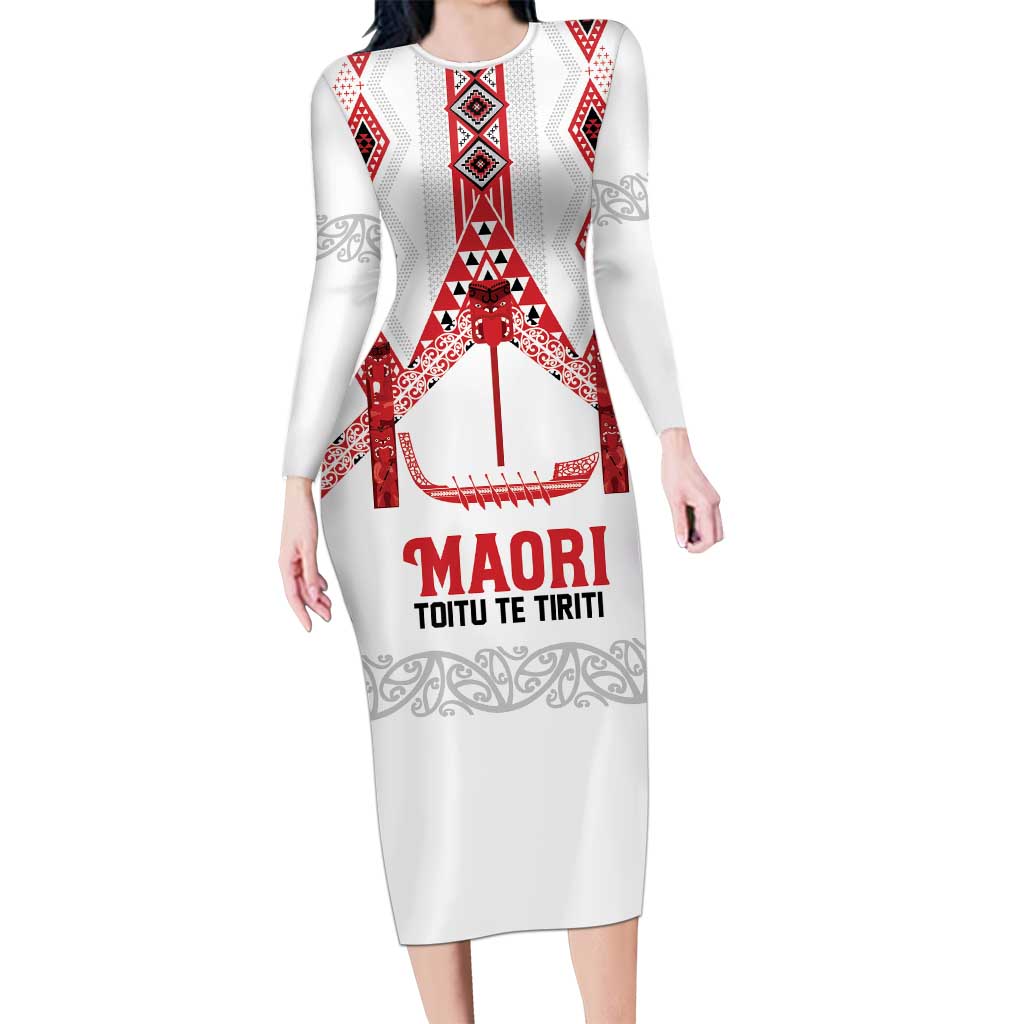 Toitu Te Tiriti Waitangi Long Sleeve Bodycon Dress White Wharenui House - Aussie Hoodie