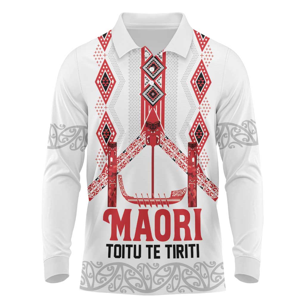Toitu Te Tiriti Waitangi Long Sleeve Polo Shirt White Wharenui House - Aussie Hoodie